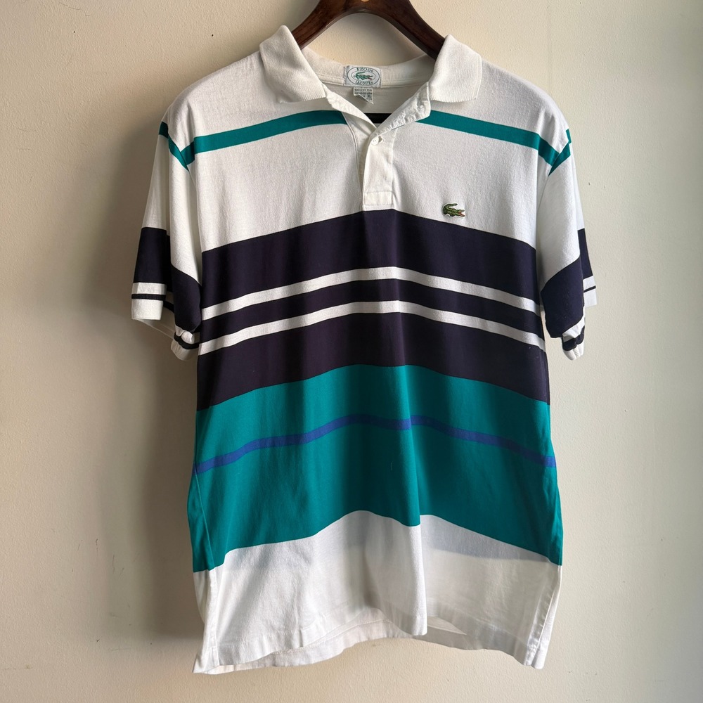 Vintage Izod Lacoste Polo Preppy Striped Shirt White‎ Teal Navy XL